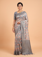 Grey Bangalore Sof Silk Saree with Micro-Diamond Geometric Border