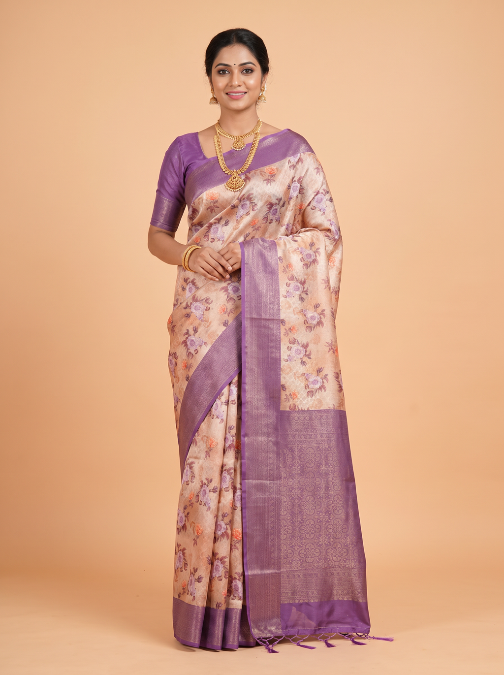 Gold Bangalore Sof Silk Saree with Geometric Chevron Border