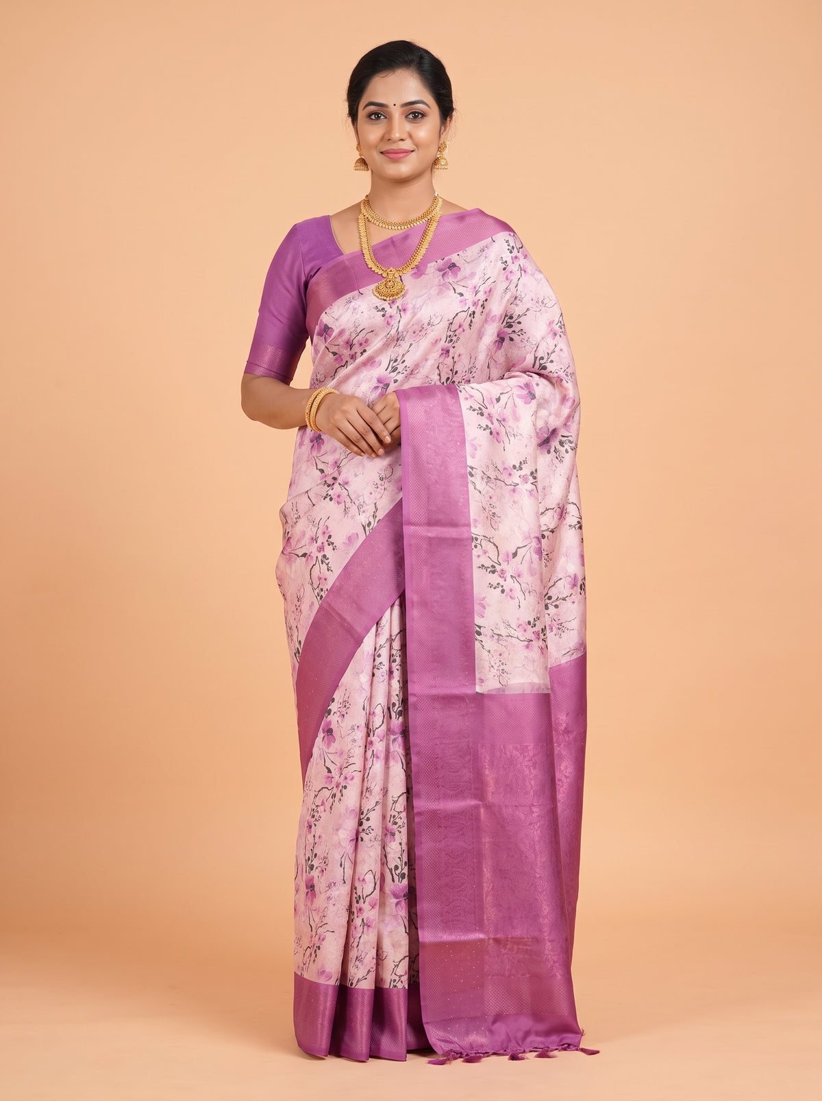 Peach Bangalore Sof Silk Saree with Self-Jacquard Border