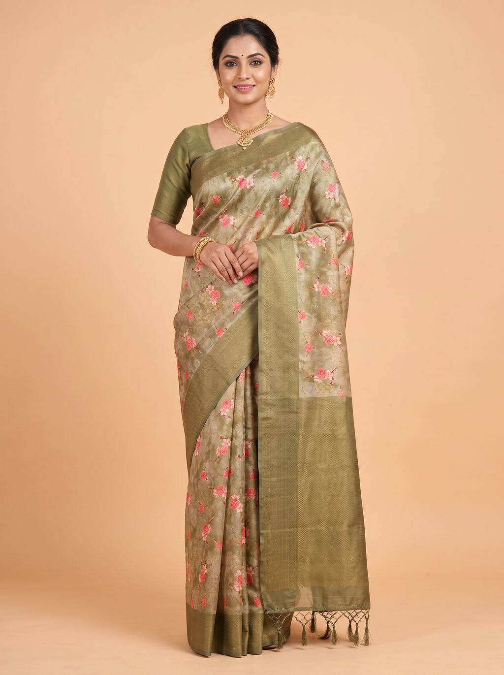 Olive Green Bangalore Sof Silk Saree with High-Shine Zari Border