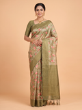 Olive Green Bangalore Sof Silk Saree with High-Shine Zari Border