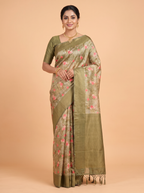 Olive Green Bangalore Sof Silk Saree with High-Shine Zari Border