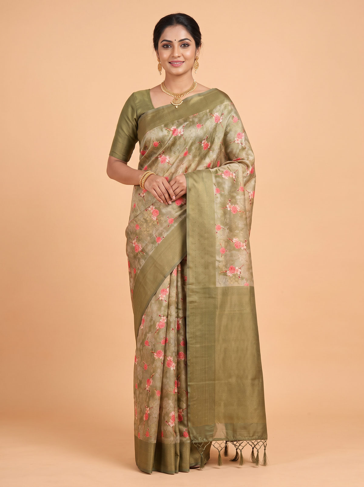 Olive Green Bangalore Sof Silk Saree with High-Shine Zari Border
