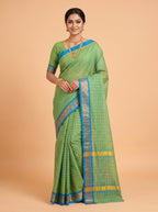 Lime Green Venkatagiri Cotton Saree with Zari Temple Chevron Border