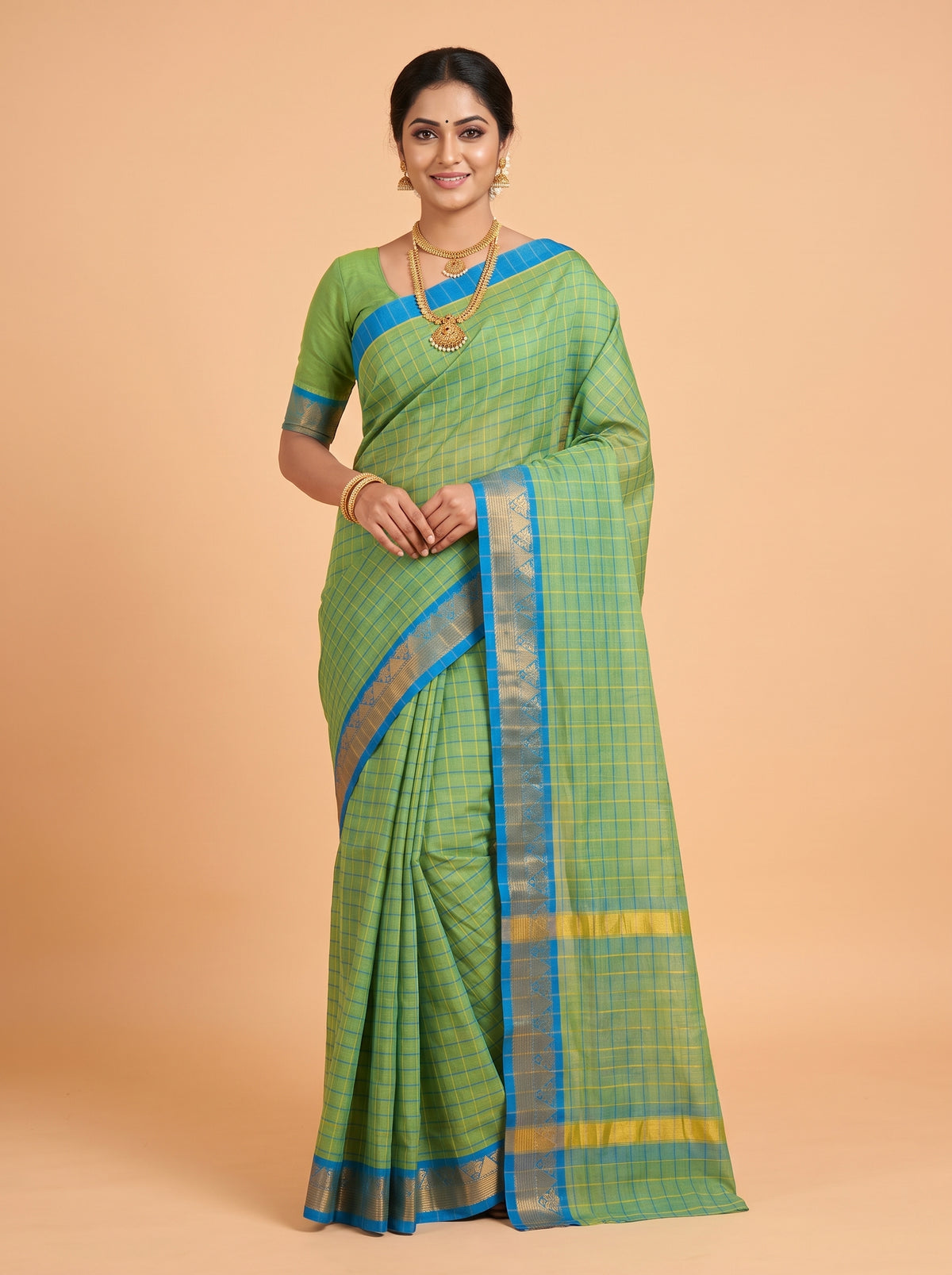 Lime Green Venkatagiri Cotton Saree with Zari Temple Chevron Border