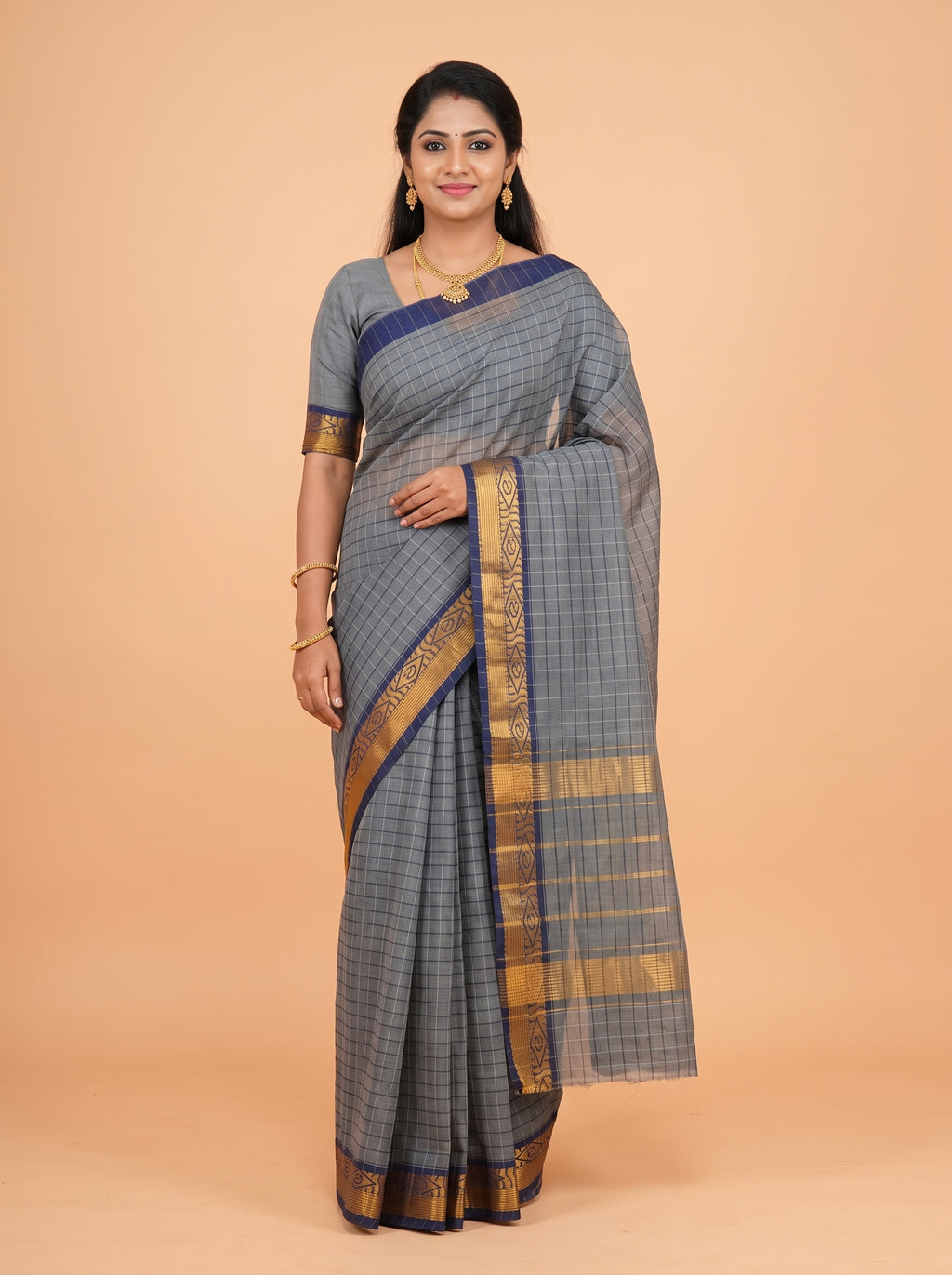 Slate Grey Venkatagiri Cotton Saree with Abstract Paisley Border