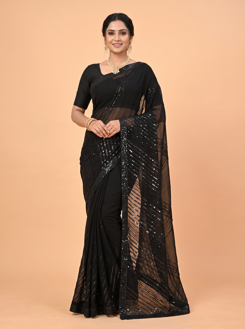 Black Fancy Georgette Saree with An embellished sequin and ruffle border