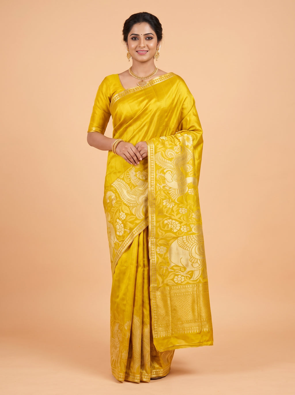 Mustard Yellow Pure Kanjivaram Tissue Silk Saree with A self-zari brocade border
