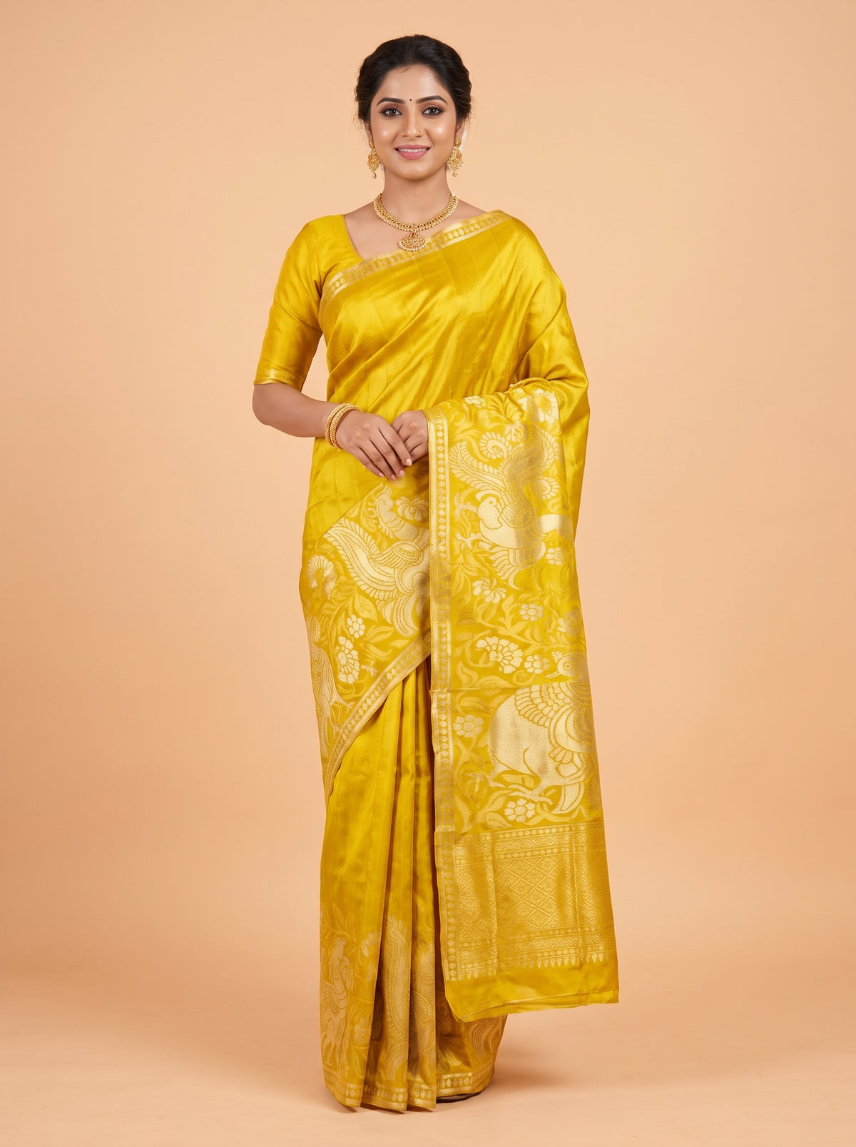 Mustard Yellow Pure Kanjivaram Tissue Silk Saree with A self-zari brocade border
