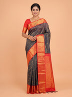 Navy Blue Pure Kanjivaram Silk Saree with A rich honeycomb brocade border