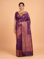 Magenta Purple Pure Kanjivaram Silk Saree with A copper-zari paisley brocade border