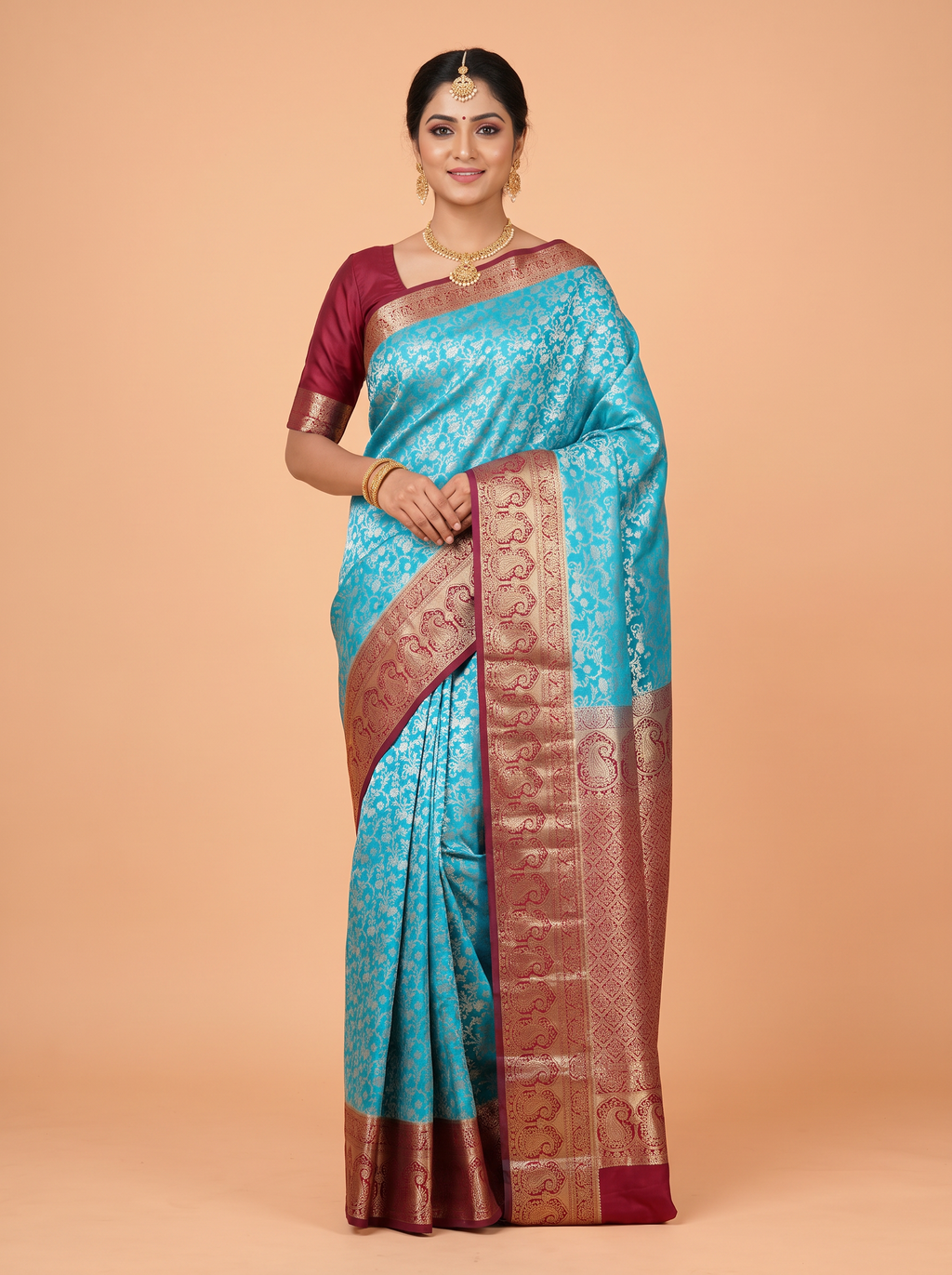Blue Brocade Kanjivaram Semi Silk Saree with A zari floral paisley border