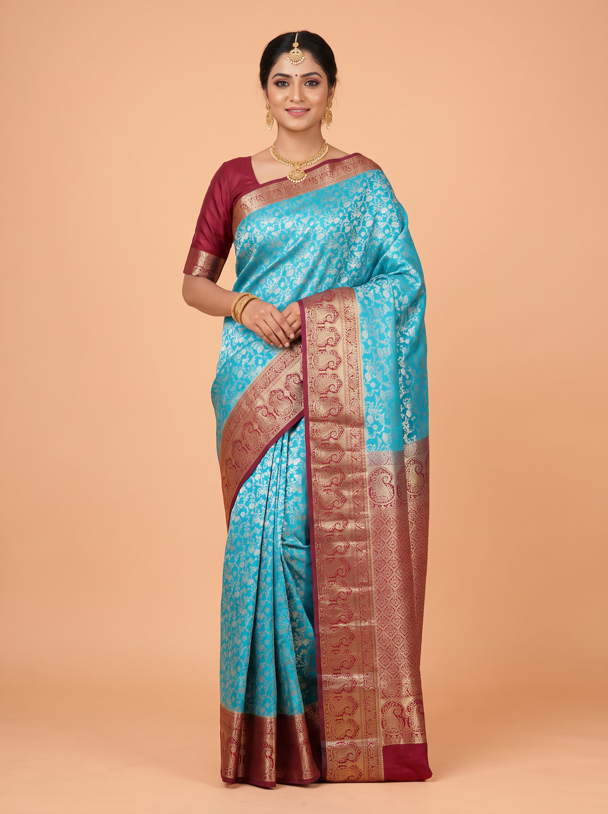 Blue Brocade Kanjivaram Semi Silk Saree with A zari floral paisley border