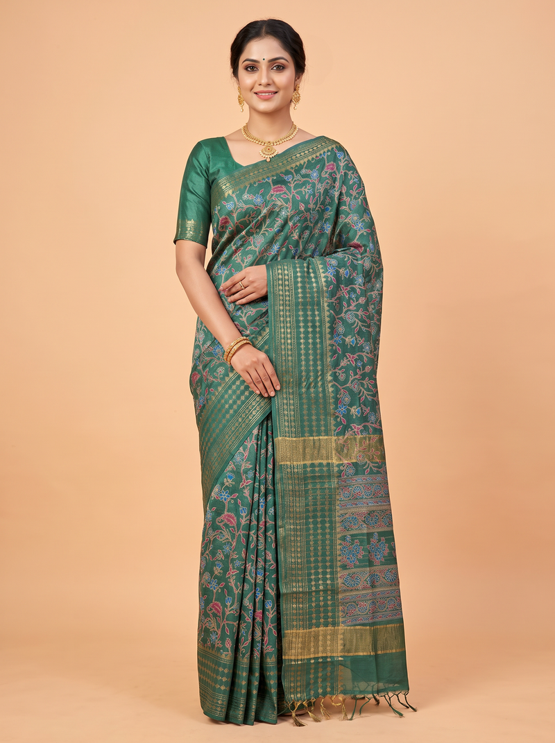 Green Pure Cotton Saree with A zari border featuring Rudraksh motifs and stripes