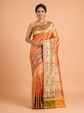 Orange Pure Kanjivaram Silk Saree with A Meenakari border with floral and bird motifs