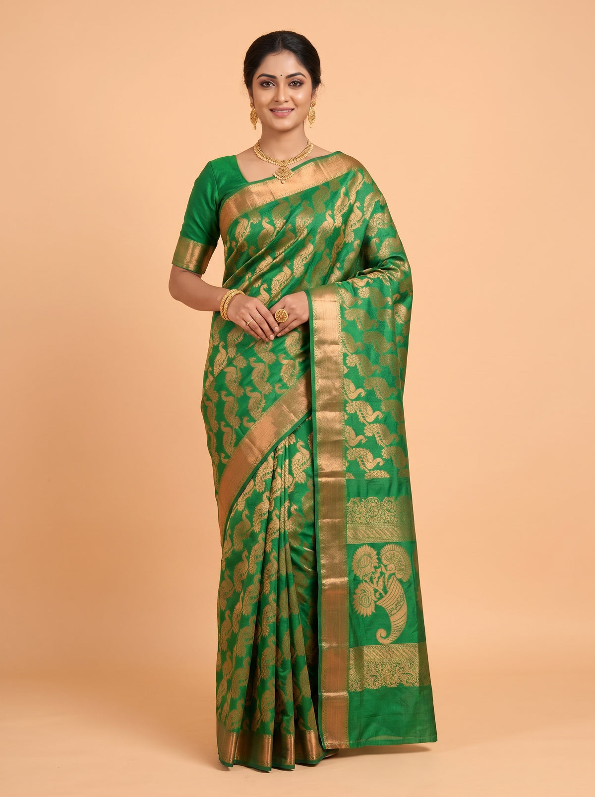 Green Sico Saree Saree with Small geometric zari border