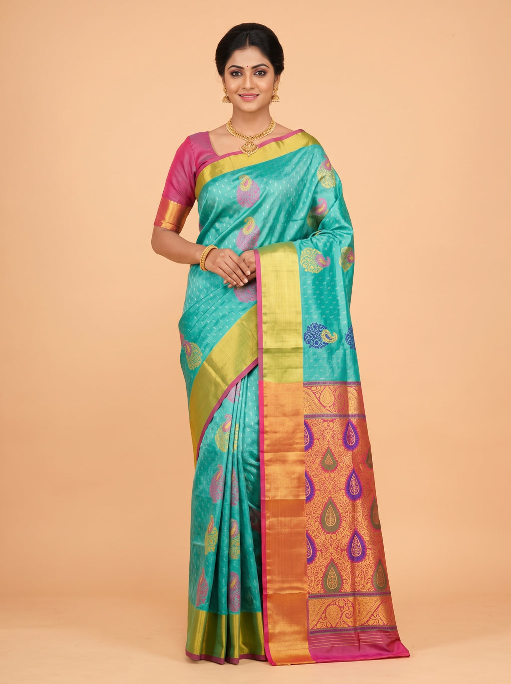Green Sico Saree Saree with Zari border with metallic glow
