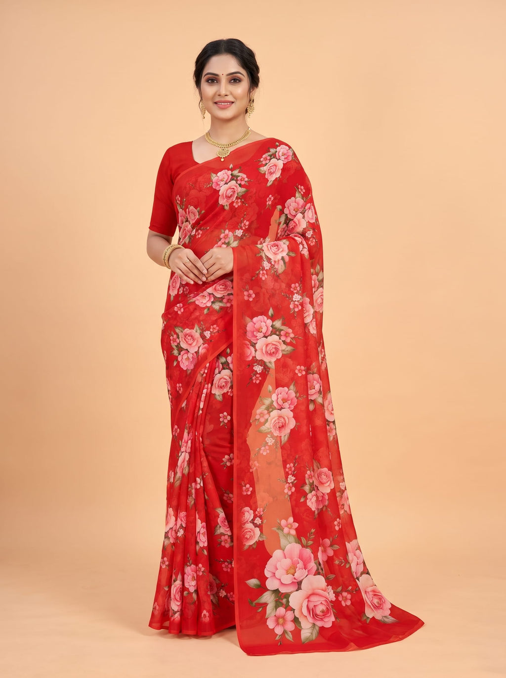 Red Pure Chiffon Saree with Borderless Design