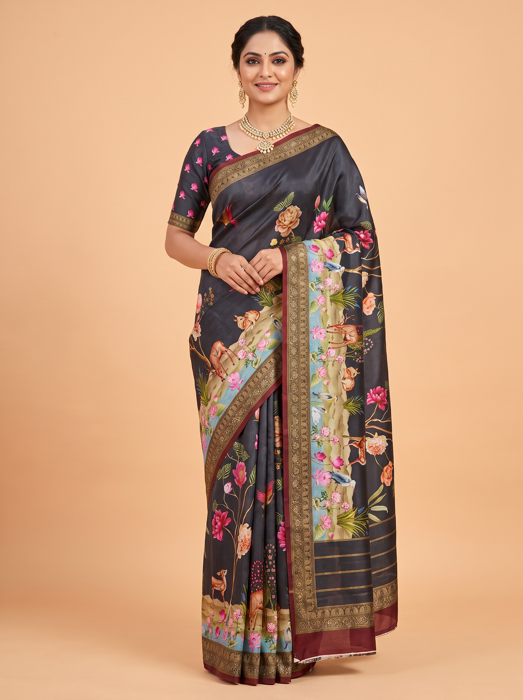 Black Pure Chiffon Saree with Traditional Border Design