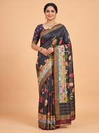 Black Pure Chiffon Saree with Traditional Border Design