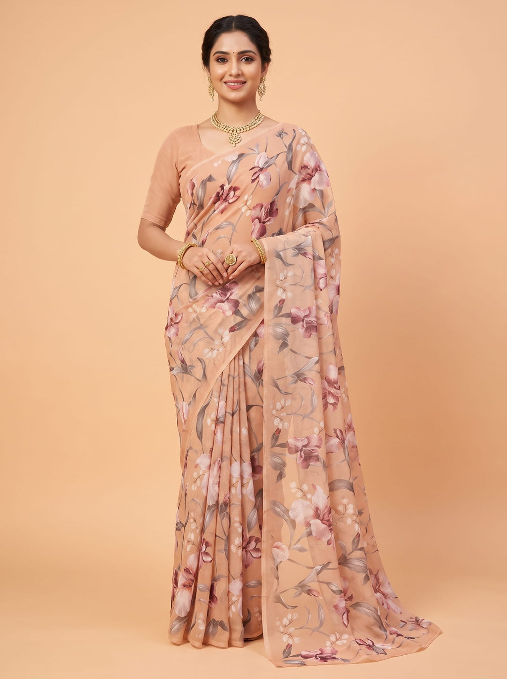 Cream Pure Chiffon Saree with Borderless Design