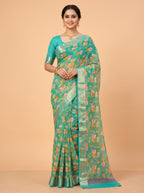 Green Semi Chiffon Saree with Floral Border Design