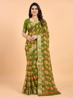 Mehendi Green Semi Chiffon Saree with Traditional Floral Border