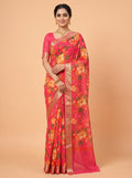 Rani Pink Semi Chiffon Saree with Traditional Floral Border