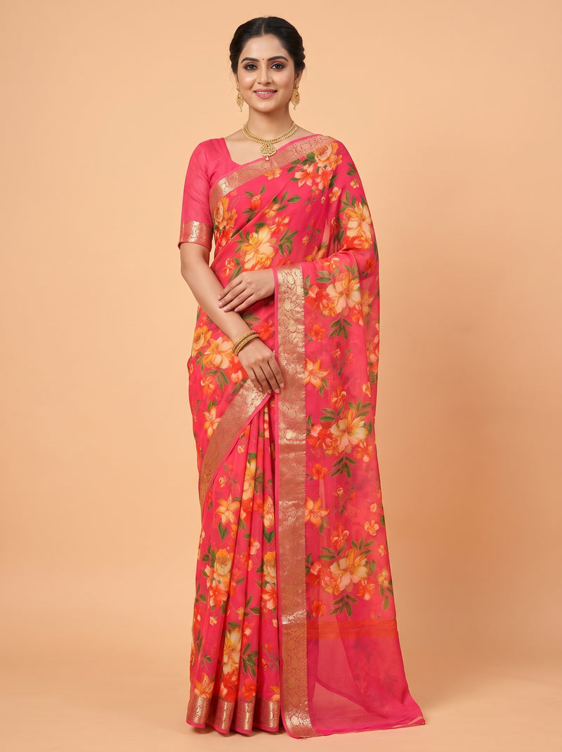 Rani Pink Semi Chiffon Saree with Traditional Floral Border