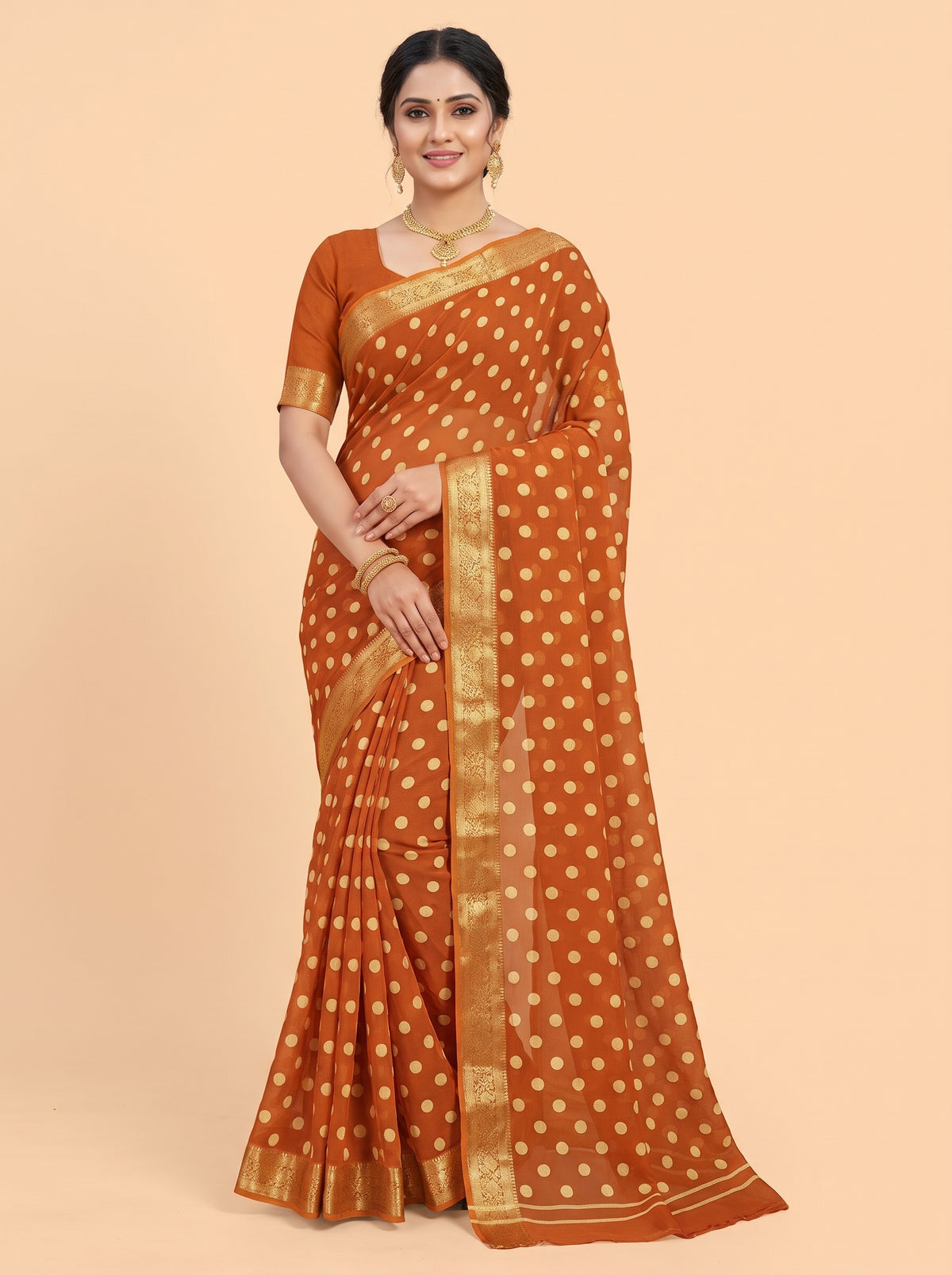 Caramel Semi Chiffon Saree with Traditional Floral Border