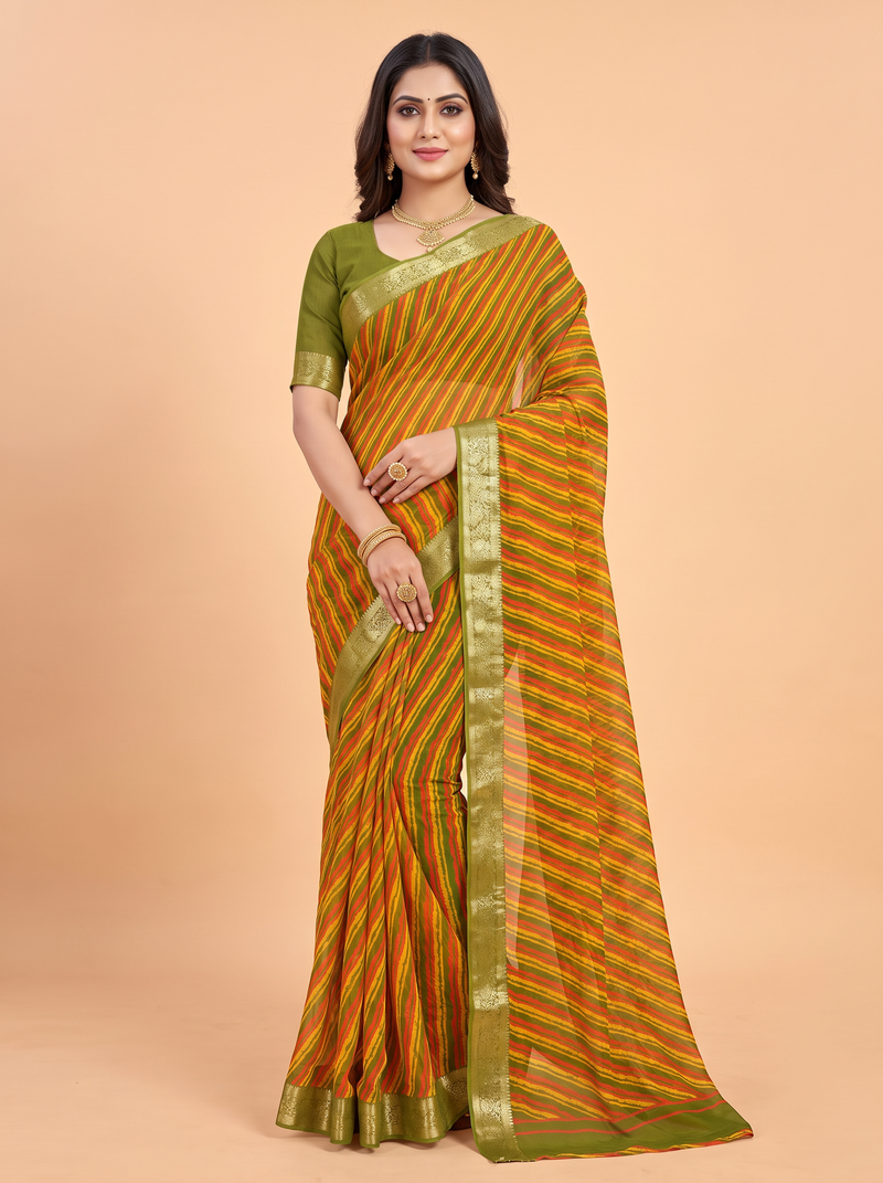 Multi color Semi Chiffon Saree with Traditional Floral Border