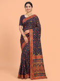 Midnight Blue Tussar Silk Saree with Kashmiri Kani Jacquard Butti Border