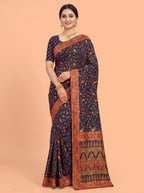 Midnight Blue Tussar Silk Saree with Kashmiri Kani Jacquard Butti Border