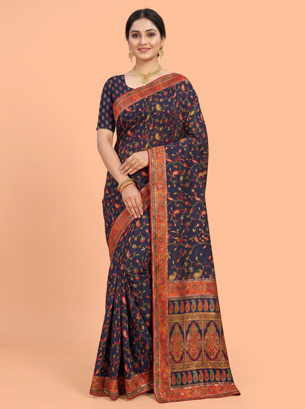 Midnight Blue Tussar Silk Saree with Kashmiri Kani Jacquard Butti Border