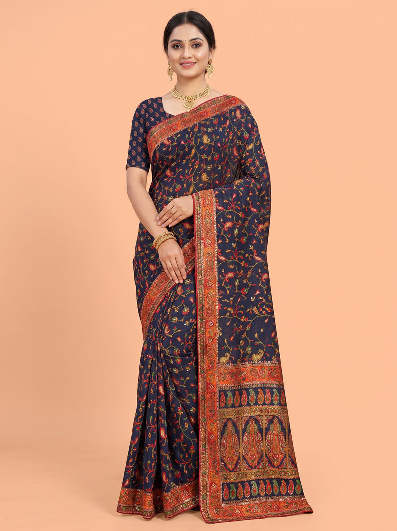 Midnight Blue Tussar Silk Saree with Kashmiri Kani Jacquard Butti Border