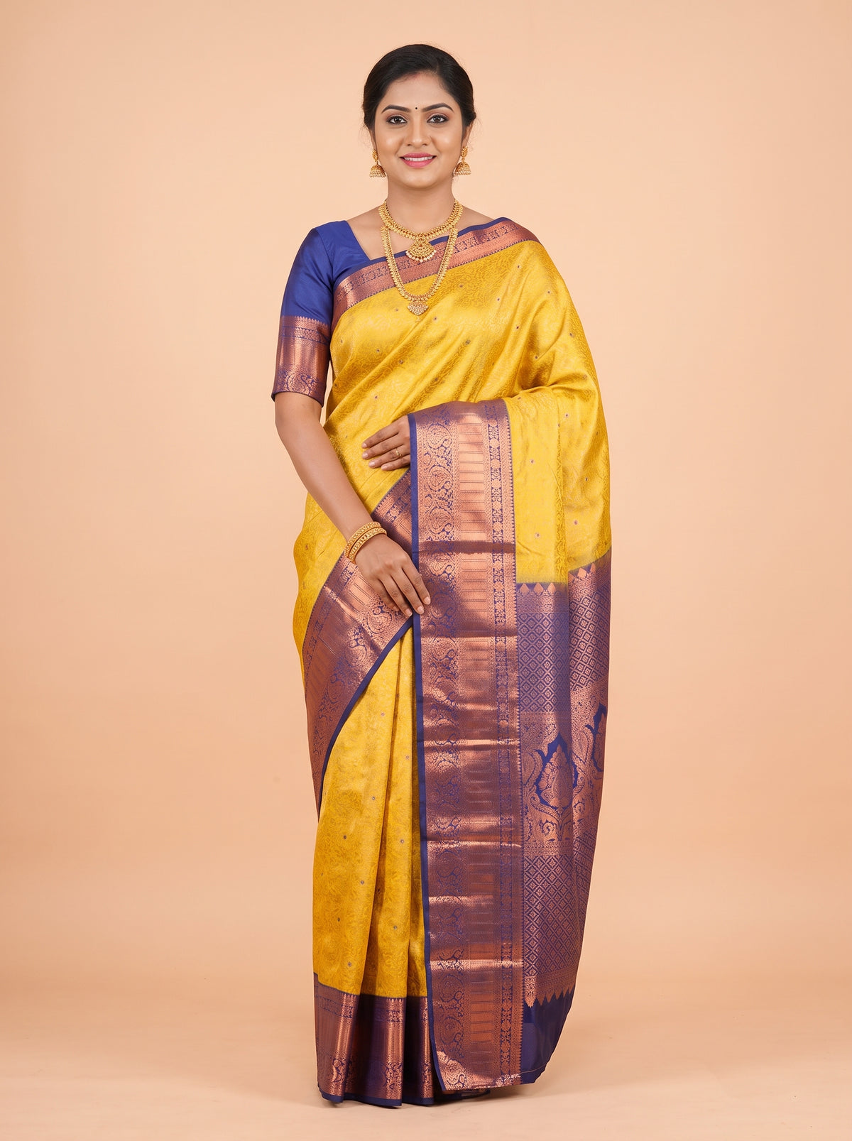 Mustard Yellow Semi Kanjivaram Silk Saree with Kanchipuram Temple Border