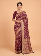 Burgundy Fancy Georgette Saree with Traditional Woven Zari Leaf Border