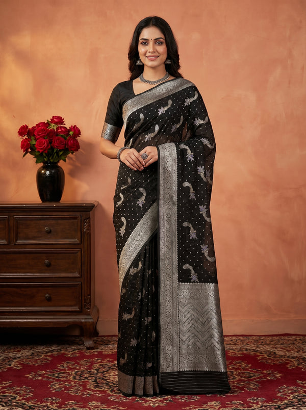 Mugdha Black Georgette Saree Peacock Motif Zari Border