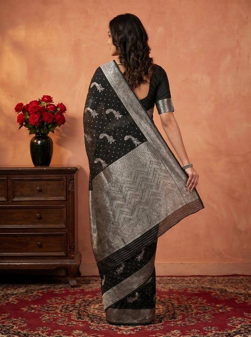 Mugdha Black Georgette Saree Peacock Motif Zari Border