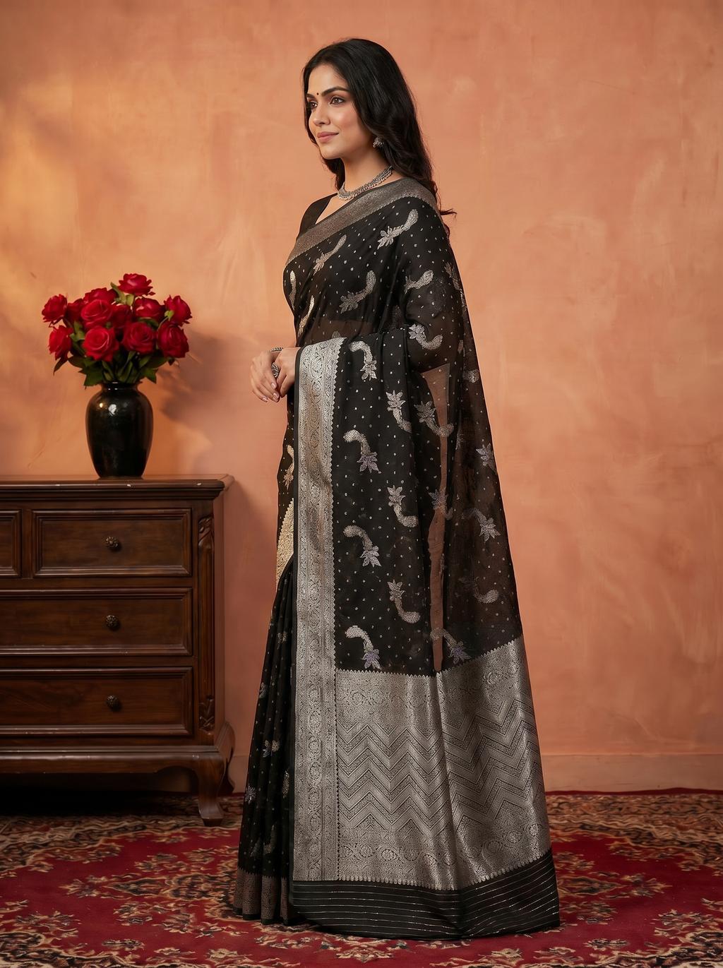 Mugdha Black Georgette Saree Peacock Motif Zari Border