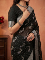 Mugdha Black Georgette Saree Peacock Motif Zari Border