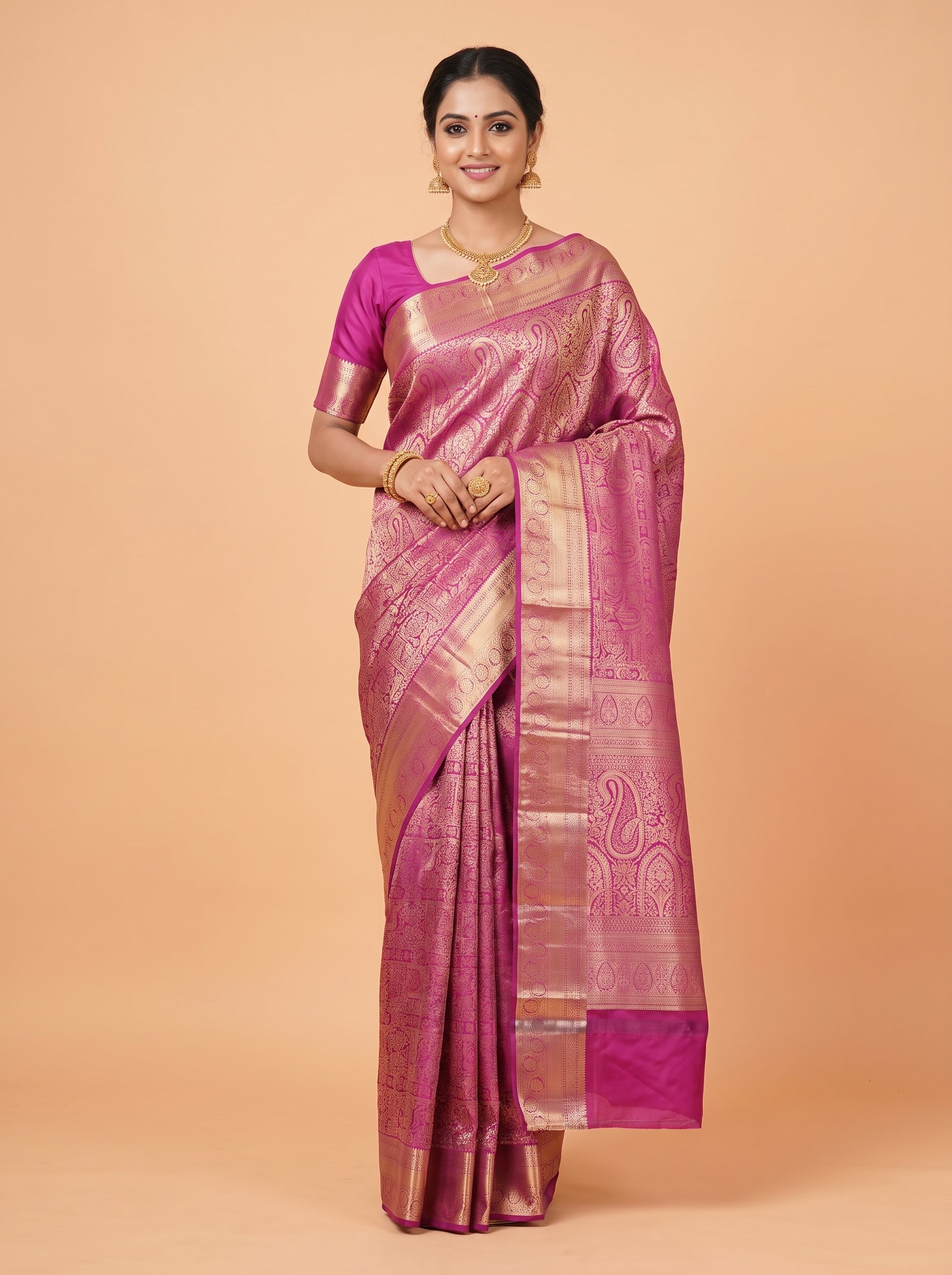 Magenta Pink & Antique Gold Kanchivaram Semi Silk Saree With Floral & Traditional Zari Border