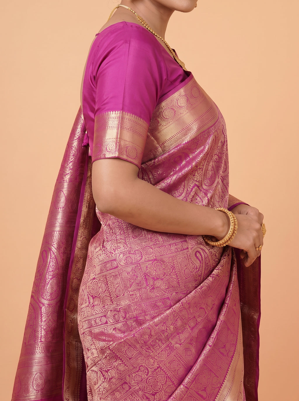 Magenta Pink & Antique Gold Kanchivaram Semi Silk Saree With Floral & Traditional Zari Border