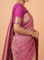 Magenta Pink & Antique Gold Kanchivaram Semi Silk Saree With Floral & Traditional Zari Border