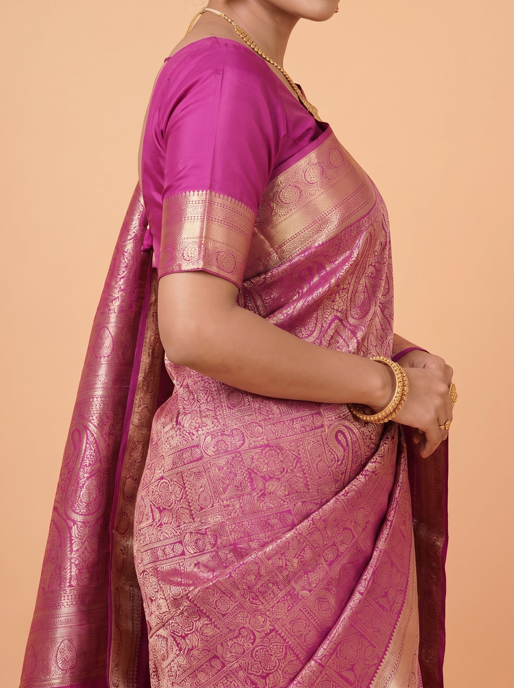 Magenta Pink & Antique Gold Kanchivaram Semi Silk Saree With Floral & Traditional Zari Border