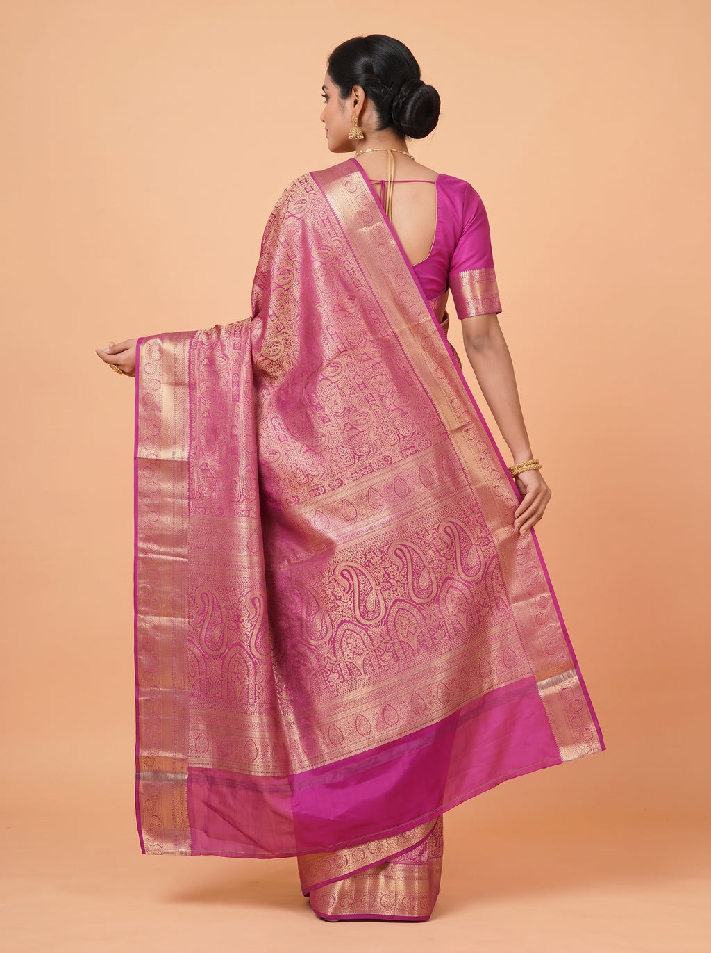 Magenta Pink & Antique Gold Kanchivaram Semi Silk Saree With Floral & Traditional Zari Border