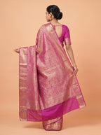 Magenta Pink & Antique Gold Kanchivaram Semi Silk Saree With Floral & Traditional Zari Border