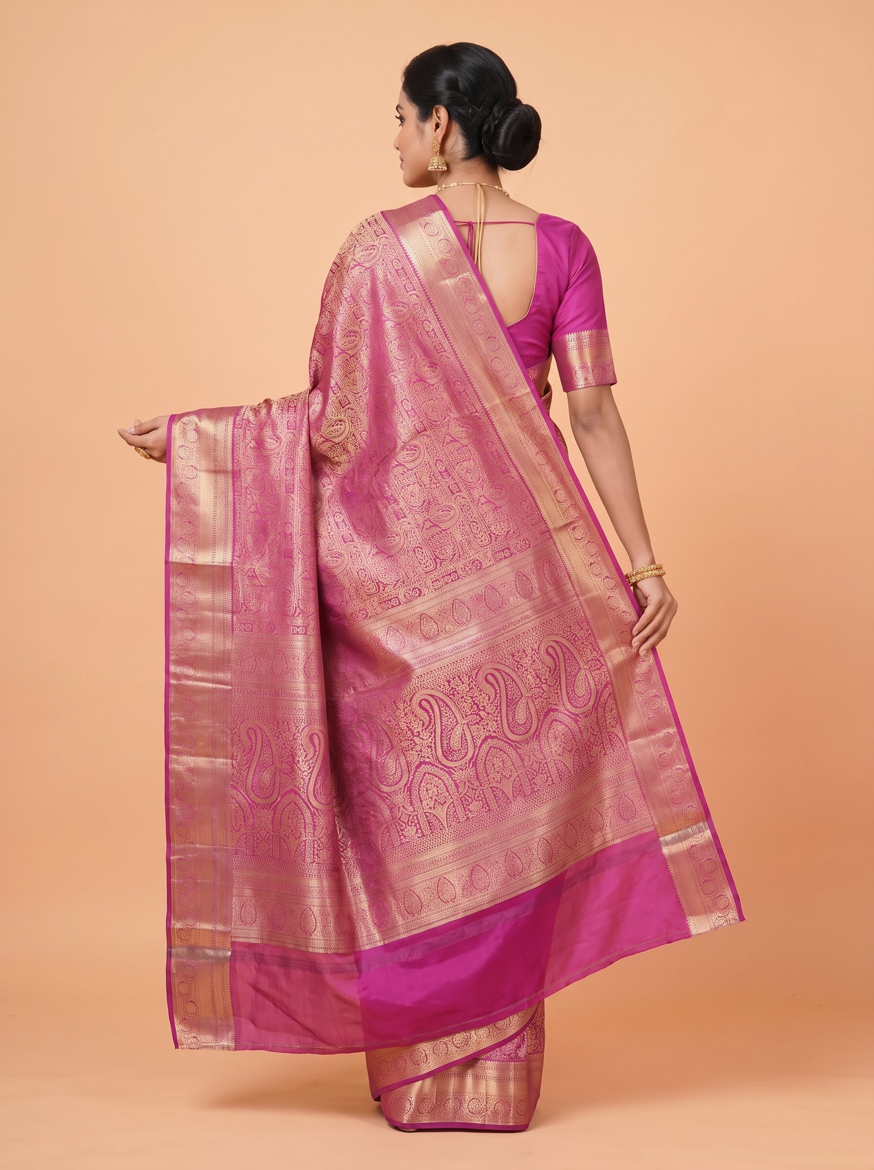 Magenta Pink & Antique Gold Kanchivaram Semi Silk Saree With Floral & Traditional Zari Border