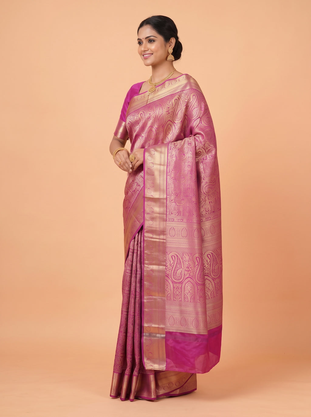 Magenta Pink & Antique Gold Kanchivaram Semi Silk Saree With Floral & Traditional Zari Border