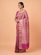 Magenta Pink & Antique Gold Kanchivaram Semi Silk Saree With Floral & Traditional Zari Border